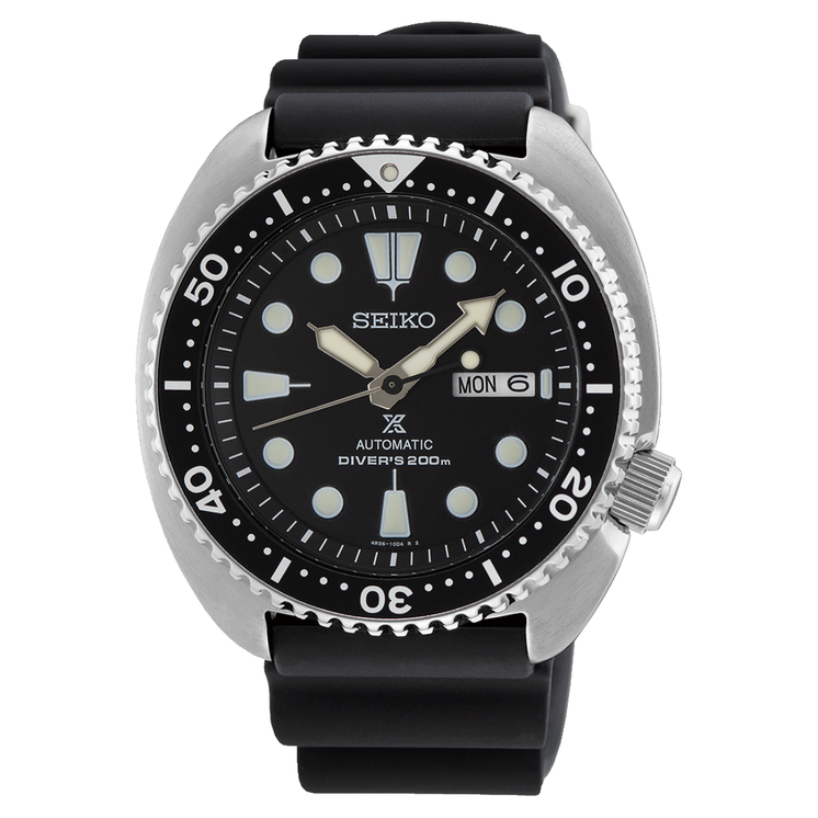 Reloj Seiko Prospex SRPE93K1 Turtle automático de buceo con esfera negra y correa negra de silicona