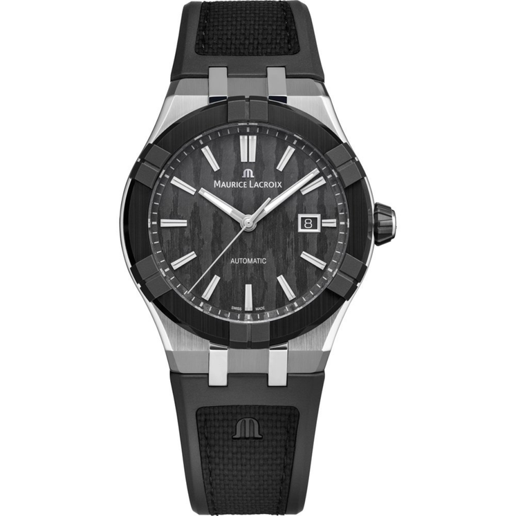Reloj Maurice Lacroix AIKONIC Automatic 43mm AC6008-SSL20-330-2 con esfera negra, bisel oscuro y correa de caucho negra