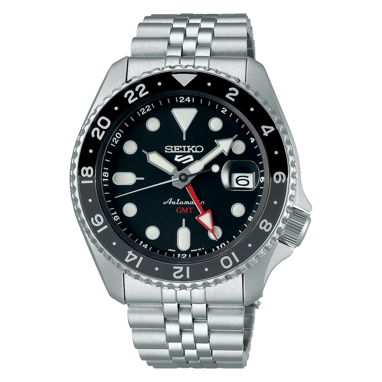 Reloj Seiko 5 Sports SKX Series SSK001K1 automático GMT con esfera negra, bisel bicolor negro y gris y brazalete de acero inoxidable