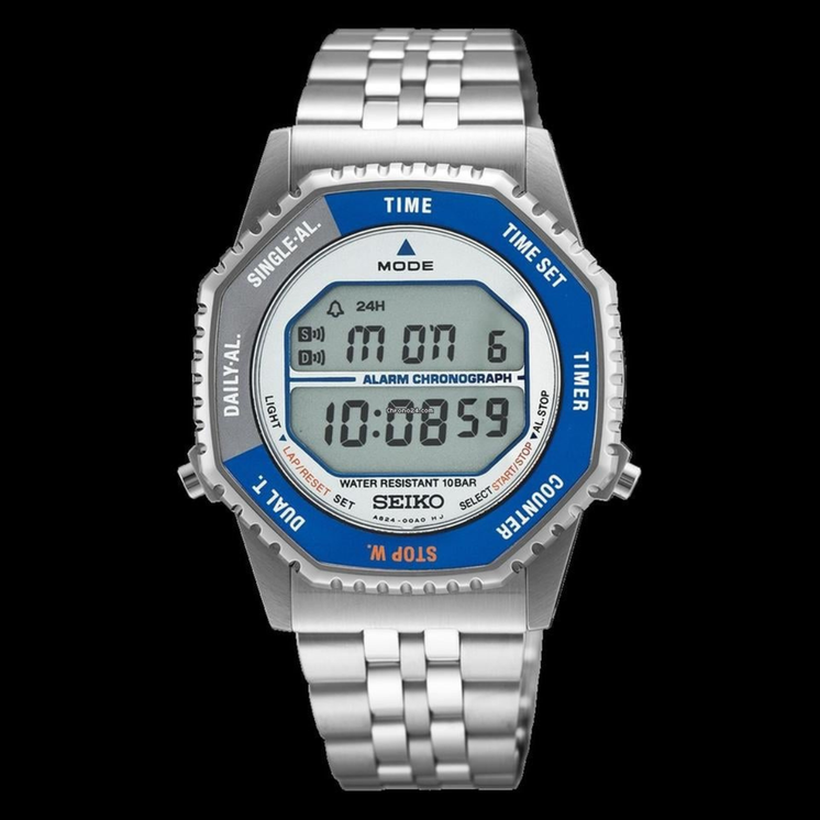 Seiko Neo Sports Digital Octagon SMGG21P1 con pantalla digital, bisel azul y brazalete de acero inoxidable