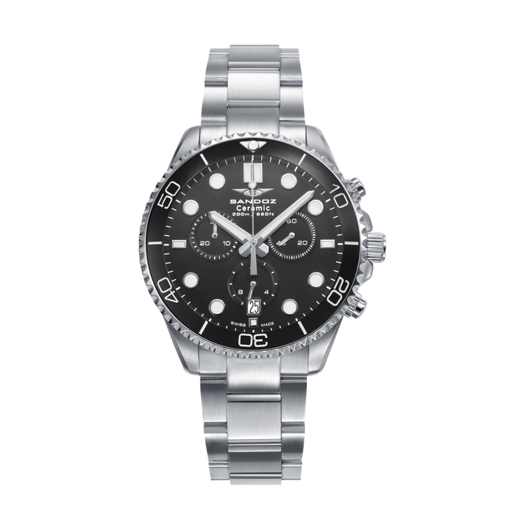 Reloj Sandoz Sport 83021-57 con esfera negra, cronógrafo, bisel negro y brazalete de acero inoxidable