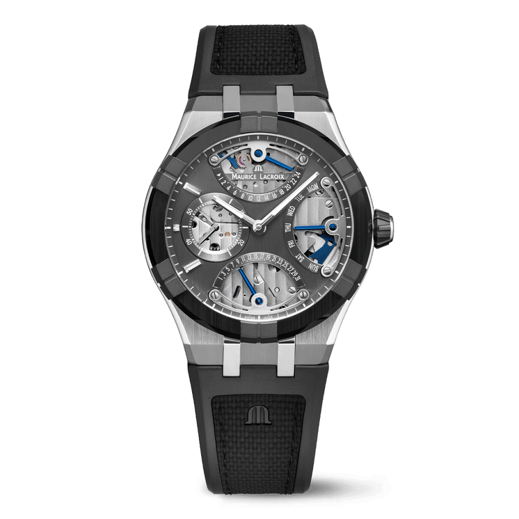 Reloj Maurice Lacroix AIKONIC Master Triple Retrograde AC6068-SSL20-230-2 con esfera esqueletizada, caja negra y correa de caucho negra