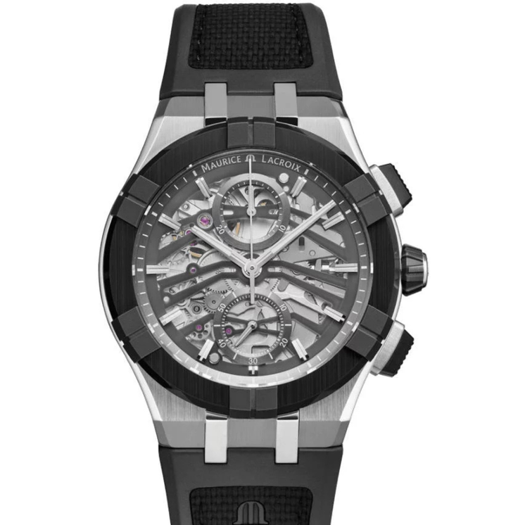 Detalle frontal del Maurice Lacroix AIKONIC Automatic Chronograph Skeleton AC8018-SSL20-030-2 con esfera esqueletizada, cronógrafo y bisel cerámico