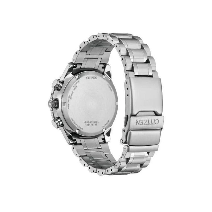 Vista trasera del Citizen Skyhawk U830 JV2000-51L con caja y brazalete de acero inoxidable