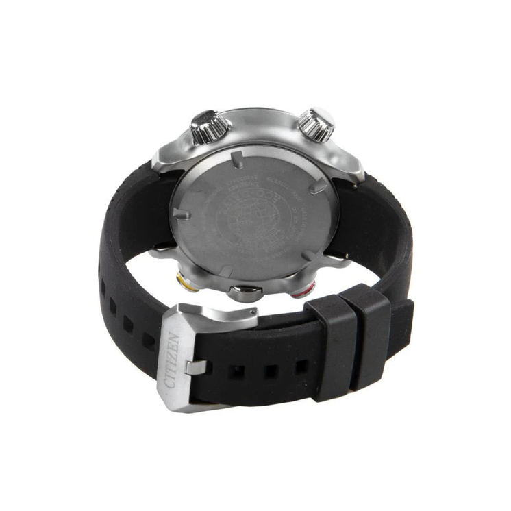 Vista trasera del Citizen Altichron Eco-Drive Super Titanium BN4021-02E con caja de titanio y correa de caucho negra