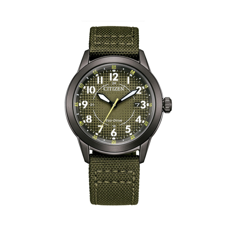 Reloj Citizen AW1877-09X Eco-Drive para hombre con esfera verde, caja negra y correa de nailon verde
