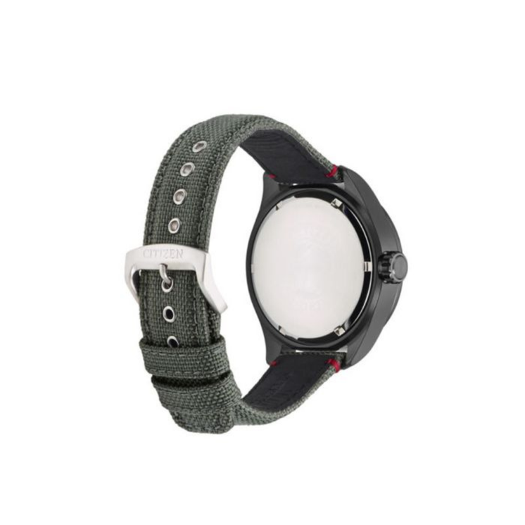 Vista trasera del Citizen AW5005-39H con caja de acero oscurecido y correa textil verde