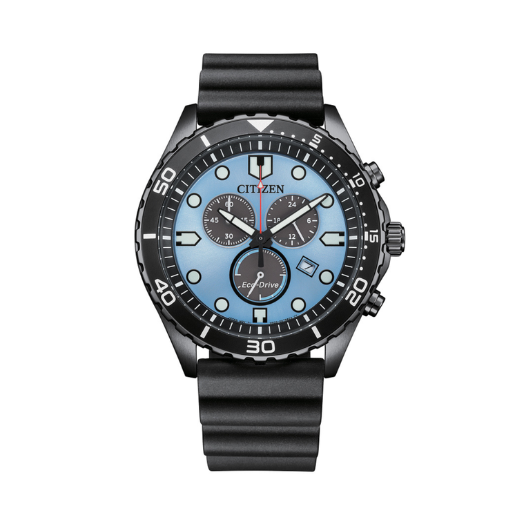 Reloj Citizen Chrono Sporty-Aqua AT2567-18L con esfera azul, caja de acero y correa de goma negra