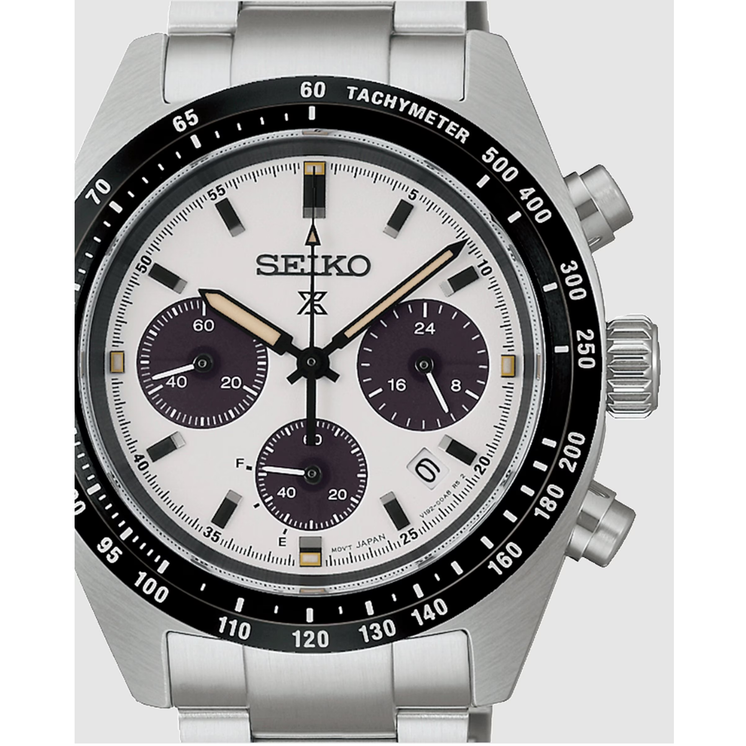 Detalle de la esfera blanca del Seiko Prospex SPEEDTIMER SSC961P1 con subesferas negras y escala taquimétrica