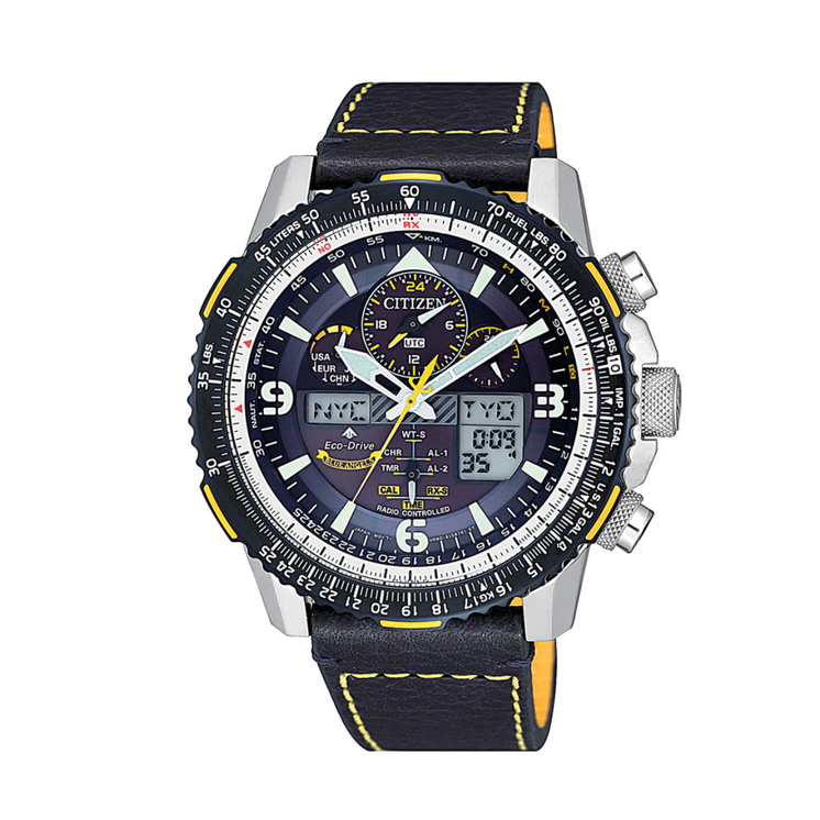 Reloj Citizen Blue Angels JY8078-01L radiocontrolado Eco-Drive con esfera azul, cronógrafo y correa de piel negra