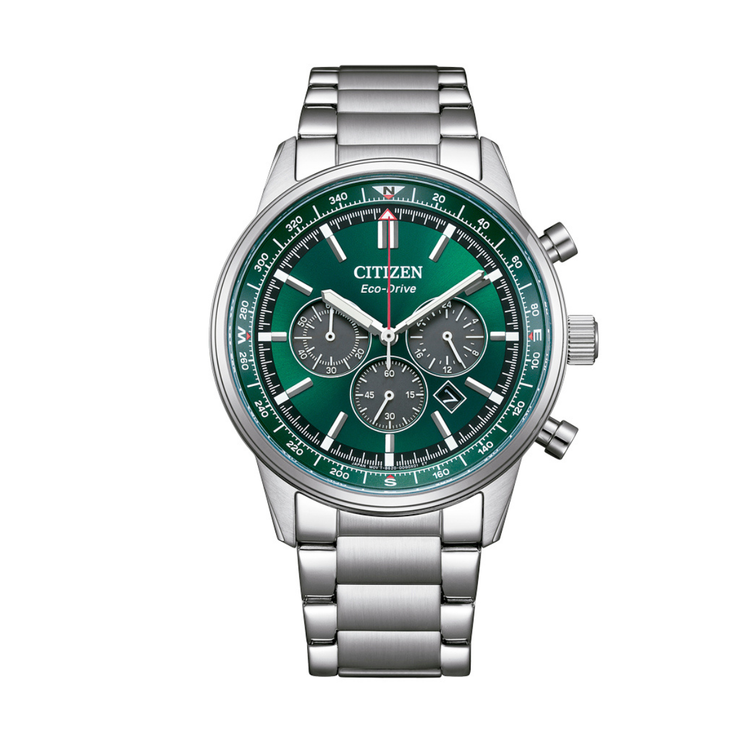 Reloj Citizen Chrono Pilot CA4720-52X Eco-Drive con esfera verde, cronógrafo y brazalete de acero inoxidable