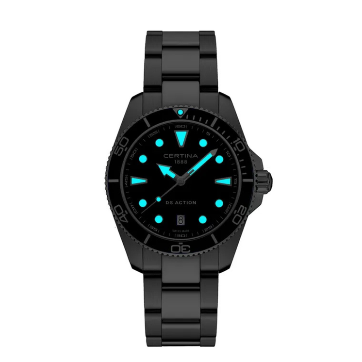 Certina DS Action Diver 38mm Titanium C048.807.44.081.00 con agujas e índices Super-LumiNova iluminados en la oscuridad