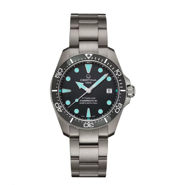Reloj Certina DS Action Diver 38mm Titanium C048.807.44.081.00 con esfera gris, detalles turquesa y brazalete de titanio