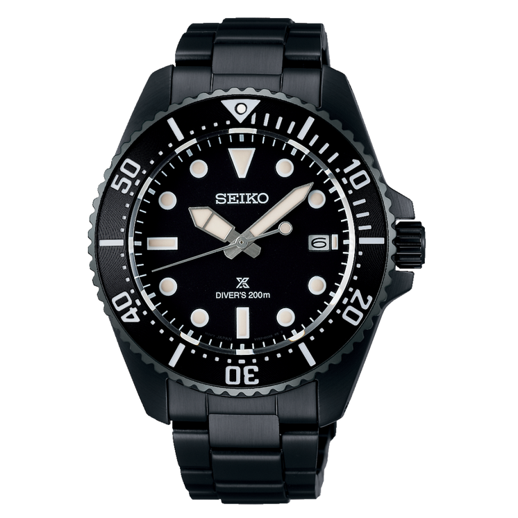 Reloj Seiko Prospex Mar SNE599P1 solar con esfera negra, bisel negro y brazalete de acero inoxidable negro