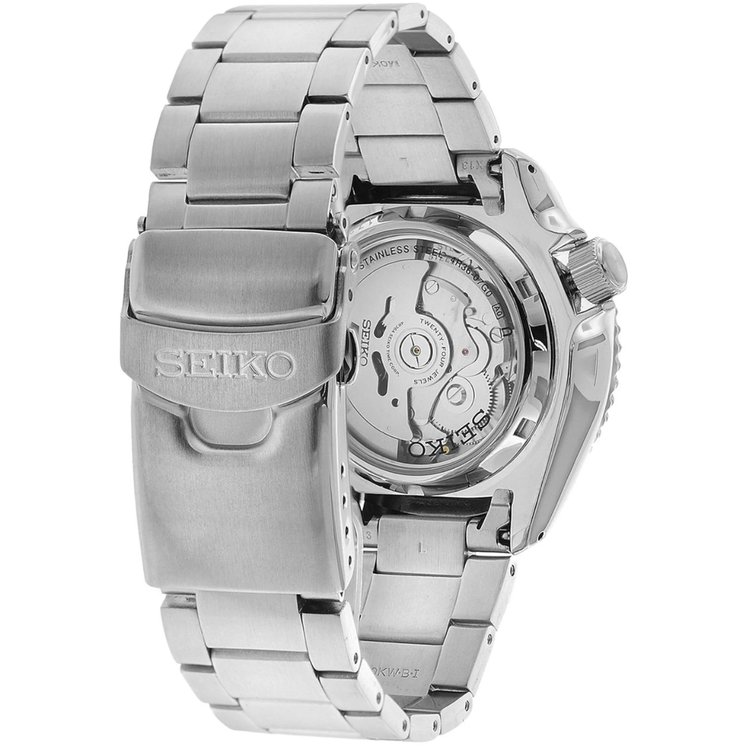 Vista trasera del Seiko 5 Sports SRPD61K1 con movimiento automático visible y brazalete de acero inoxidable