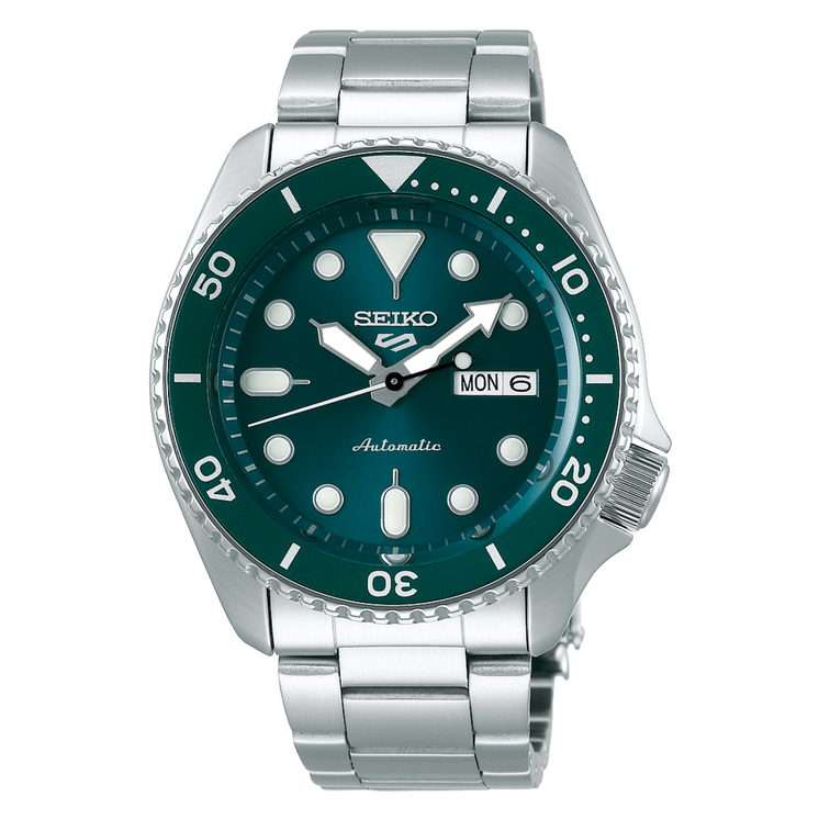 Reloj Seiko 5 Sports SKX Series SRPD61K1 automático con esfera verde, bisel verde y brazalete de acero inoxidable