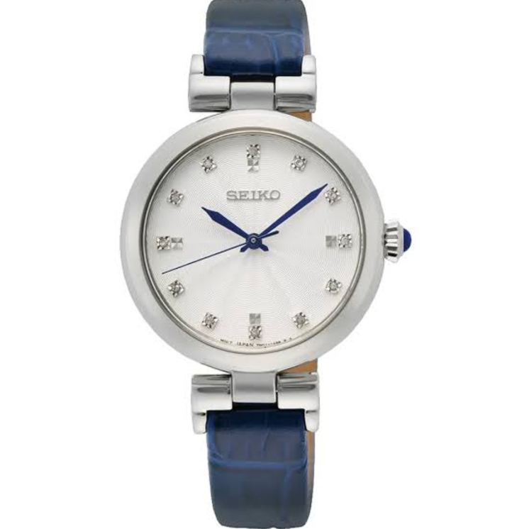 Reloj Seiko Ladies SRZ545P1 de cuarzo con esfera blanca, 12 diamantes y correa de piel azul