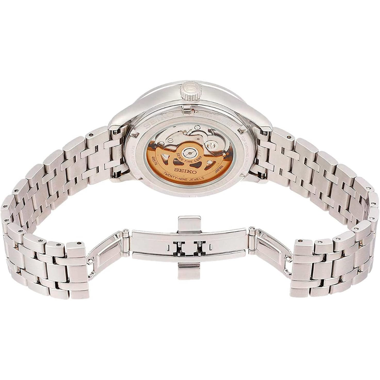 Vista trasera del Seiko Presage Japanese Garden SSA395J1 con movimiento automático visible y brazalete de acero inoxidable