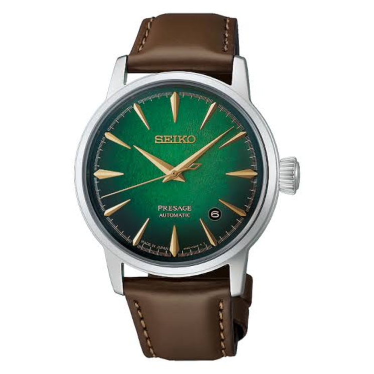 Reloj Seiko Presage Cocktail Time Mint Mist HCB002J1 automático con esfera verde y correa de piel marrón