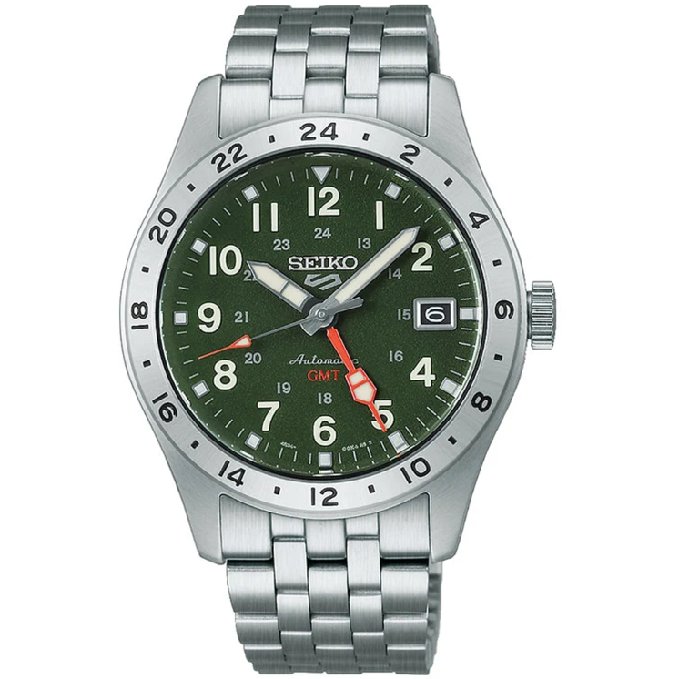 Reloj Seiko 5 Sports Field GMT HDB001K1 automático con esfera verde caqui, aguja GMT naranja y brazalete de acero inoxidable