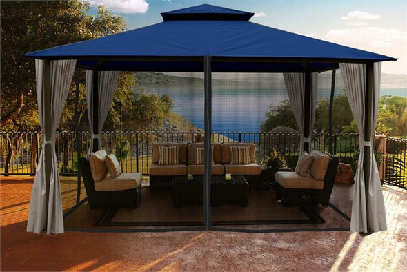 PARAGON OUTDOOR KINGSBURY 11X14 GAZEBO WITH NAVY TOP, MOSQUITO NETTING, PRIVACY CURTAINS