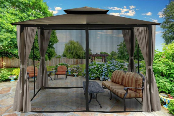 PARAGON OUTDOOR BARCELONA 10X12 GAZEBO WITH GREY TOP, MOSQUITO NETTING, PRIVACY CURTAINS
