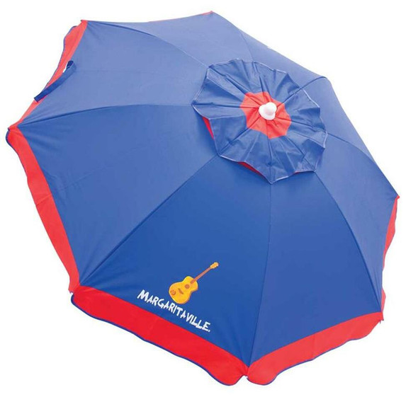 MARGARITAVILLE 6 BEACH UMBRELLA WITH BUILT-IN SAND ANCHOR - BLUE WITH RED BORDER
