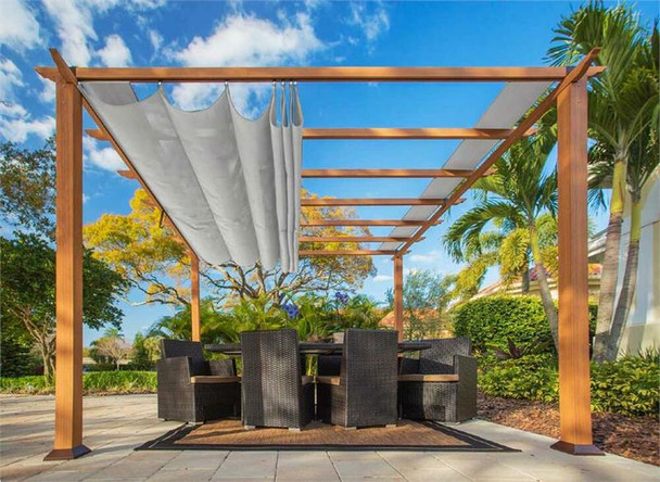 PARAGON OUTDOOR FLORENCE 11X11 ALUMINUM PERGOLA WITH CEDAR WOOD GRAIN FINISH/SILVER COLOR CONVERTIBLE CANOPY