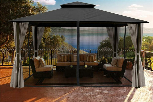 PARAGON OUTDOOR KINGSBURY 11X14 GAZEBO WITH GREY TOP, MOSQUITO NETTING, PRIVACY CURTAINS
