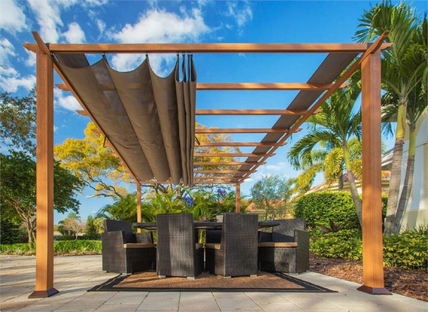 PARAGON OUTDOOR FLORENCE 11X16 ALUMINUM PERGOLA WITH CEDAR WOOD GRAIN FINISH/COCOA COLOR CONVERTIBLE CANOPY