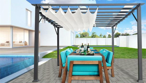 PARAGON OUTDOOR FLORENCE 11X16 ALUMINUM PERGOLA WITH GREY FRAME/OFF WHITE COLOR CONVERTIBLE CANOPY