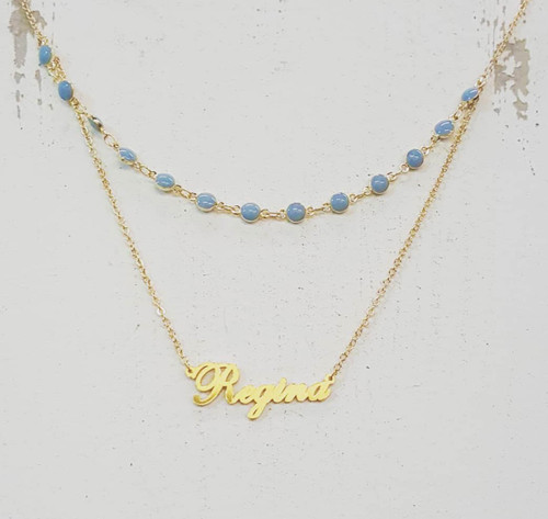 Custom Double Layer Name Necklace With Turquoise Flat Bead Chain