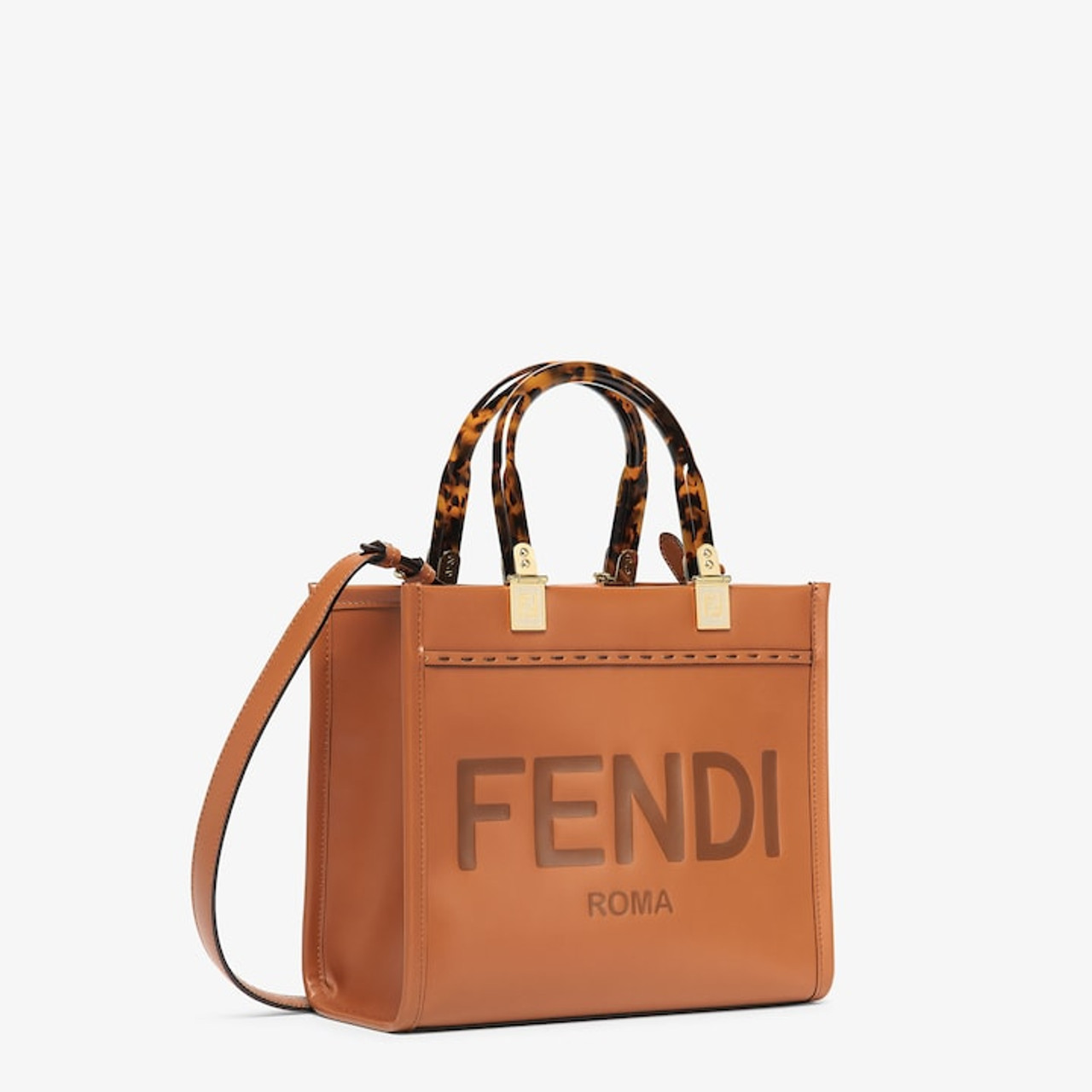 FENDI Sunshine Plexiglass Medium Leather Shopper Tote Bag Brown