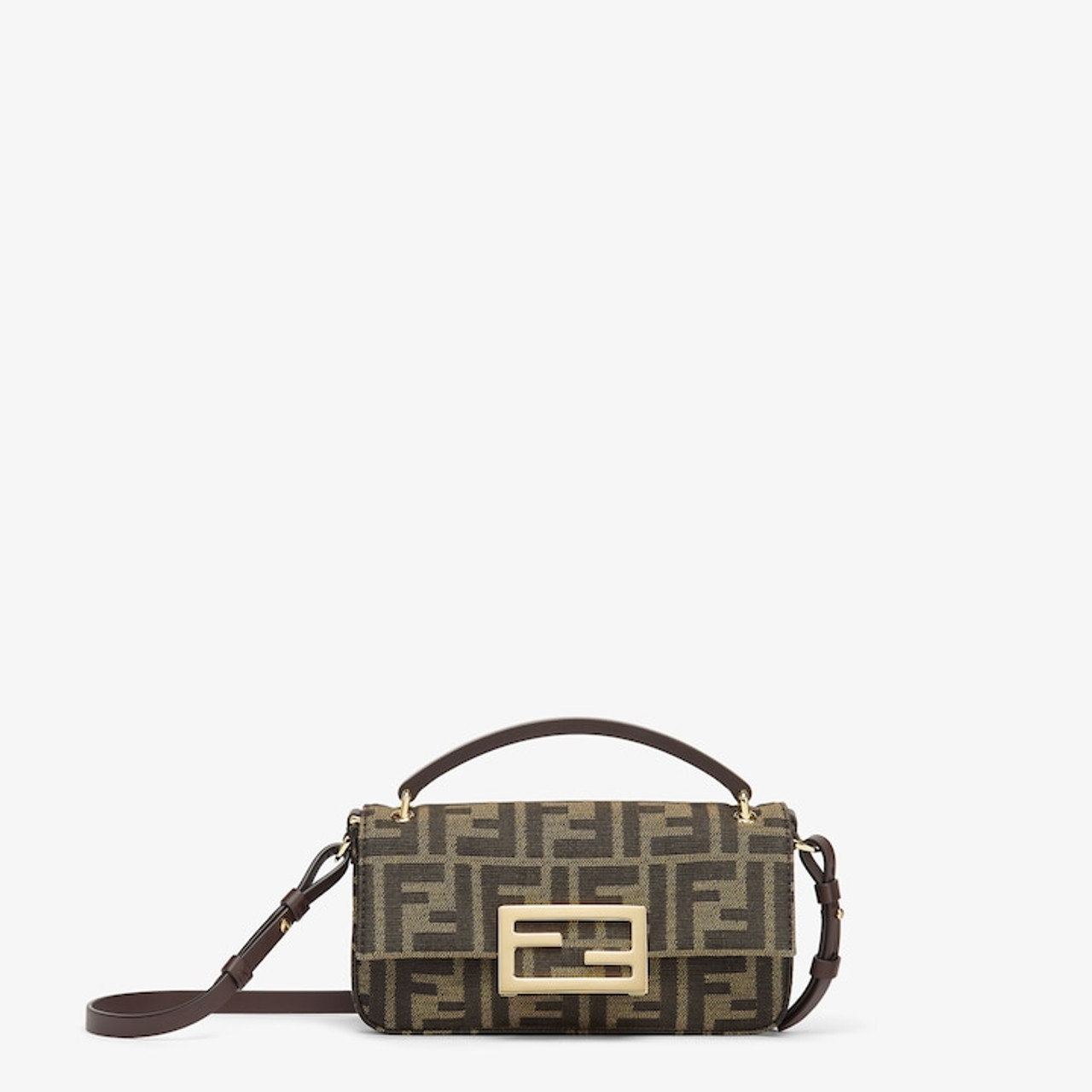 FENDI Baguette Pouch Brown jacquard FF fabric clutch with chain