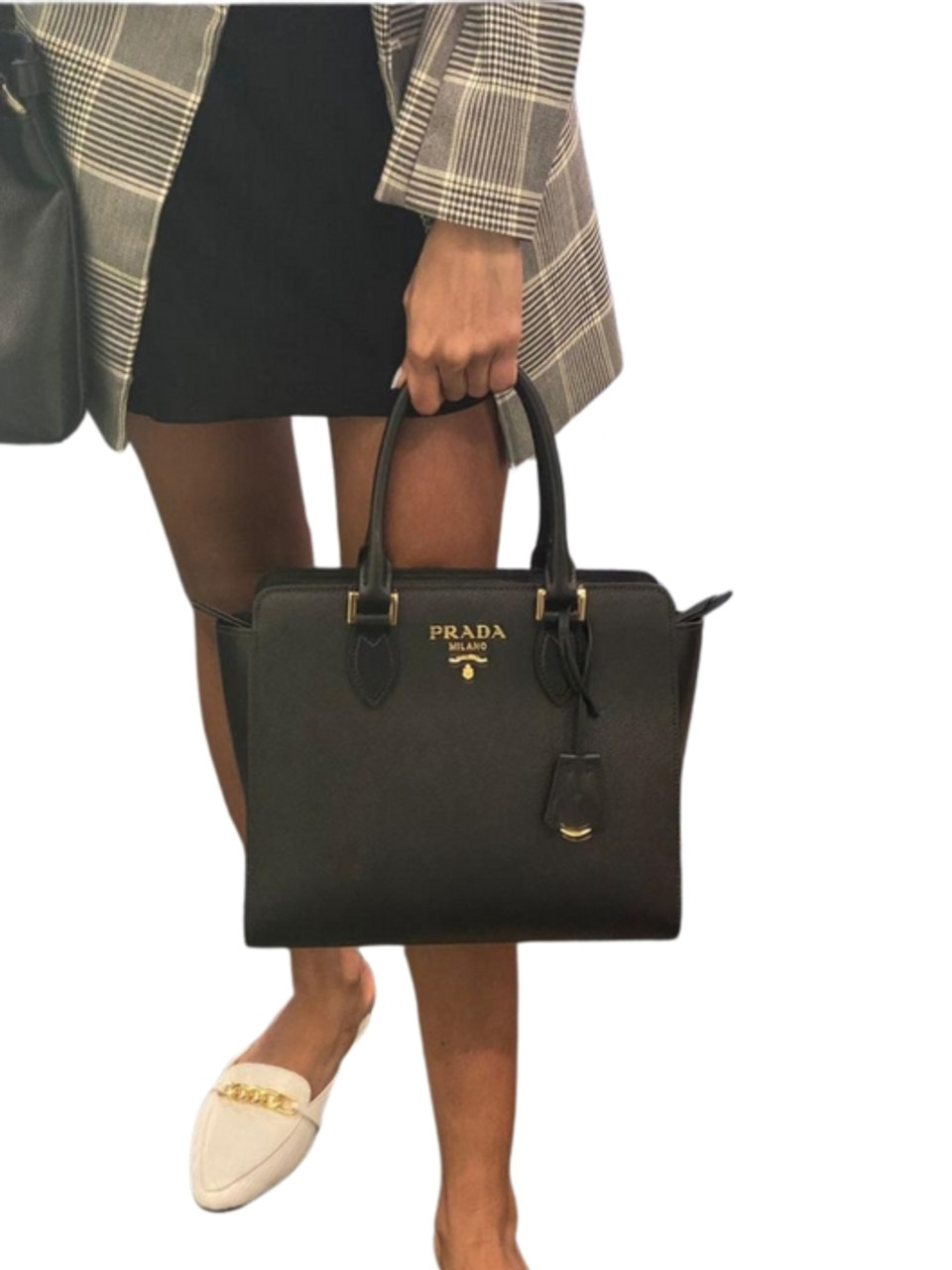 PRADA Saffiano Borsa Leather Shoulder Tote - Black