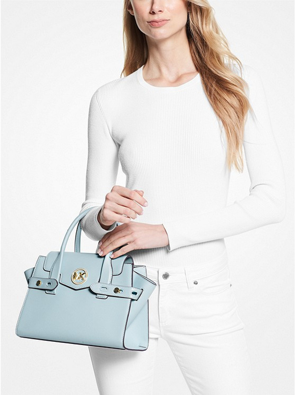 MICHAEL Michael Kors Carmen Small Logo And Leather Belted Satchel in White