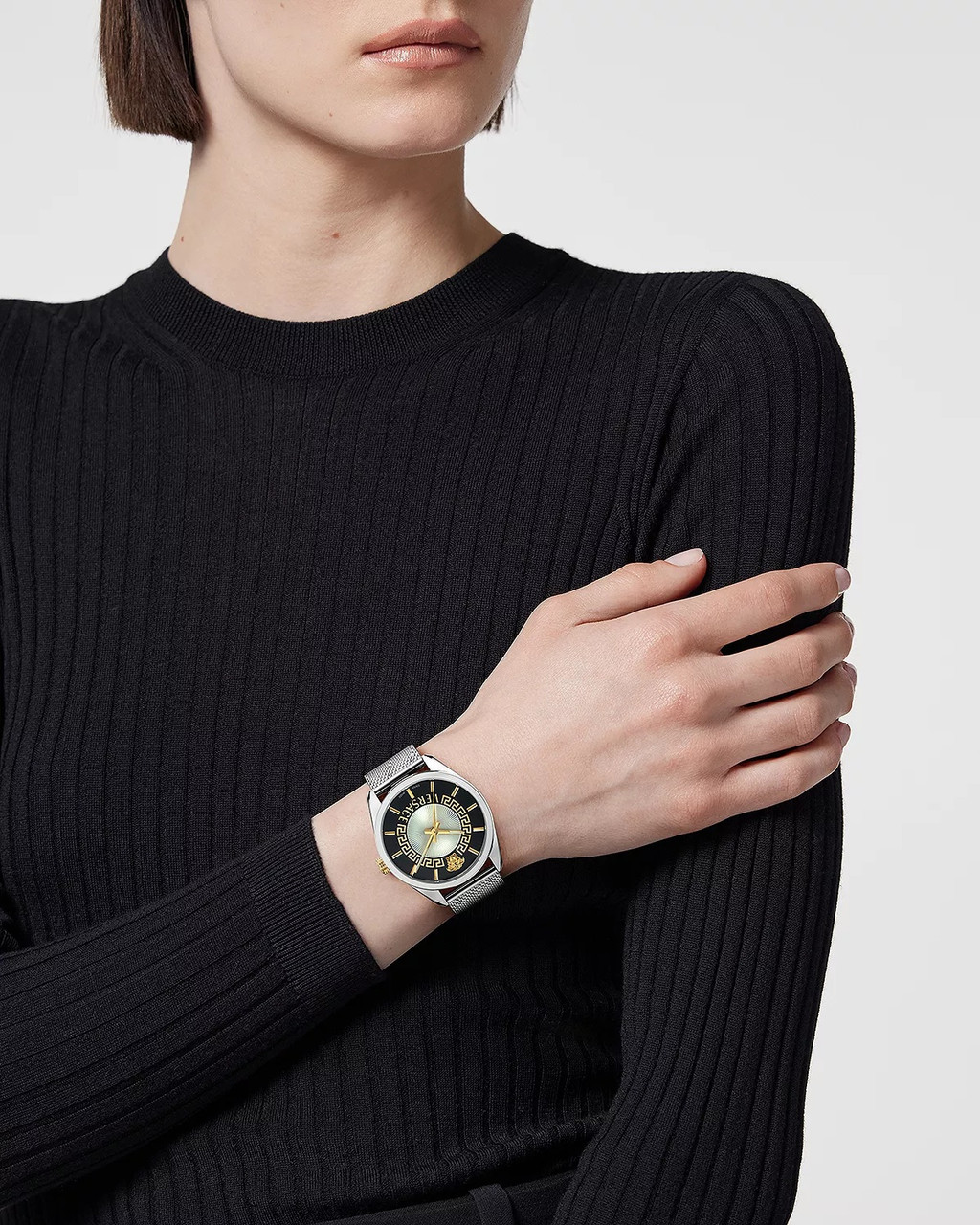腕時計その他 Versace Versace V-Dollar Leather Watch With Guilloche Dial V-Dollar 37MM IP YG Watch Black Dial Calf Leather Strap