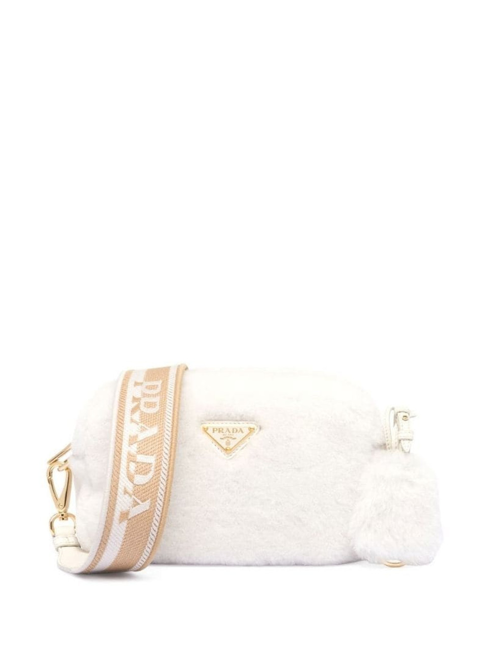 ショルダーバッグ・ポシェット PRADA WHITE SHEARLING TRIANGLE CROSSBODY BAG PRADA Triangle-plaque Shearling Shoulder Bag
