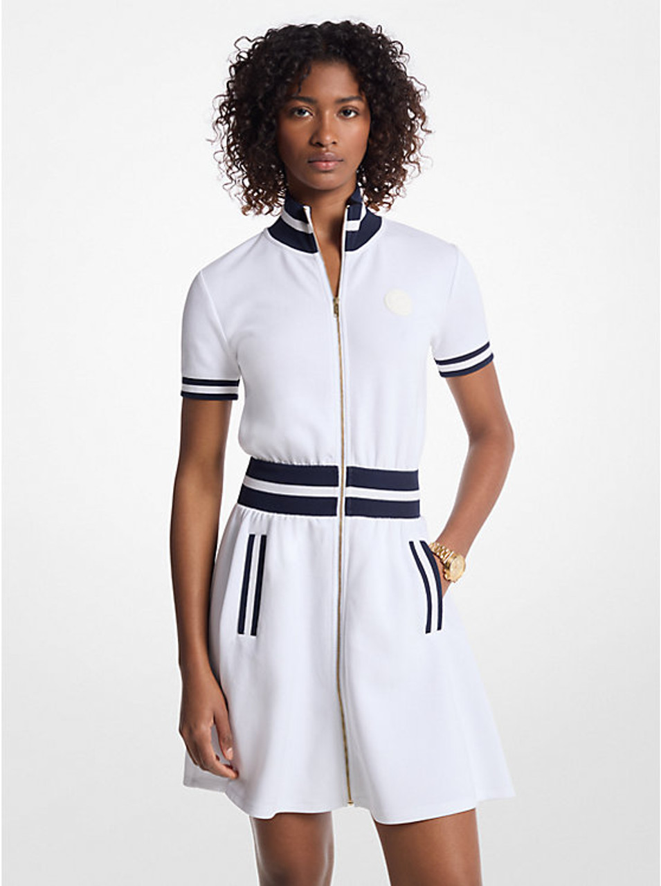 Michael Kors Cotton Blend Knit Zip-Up Dress - White