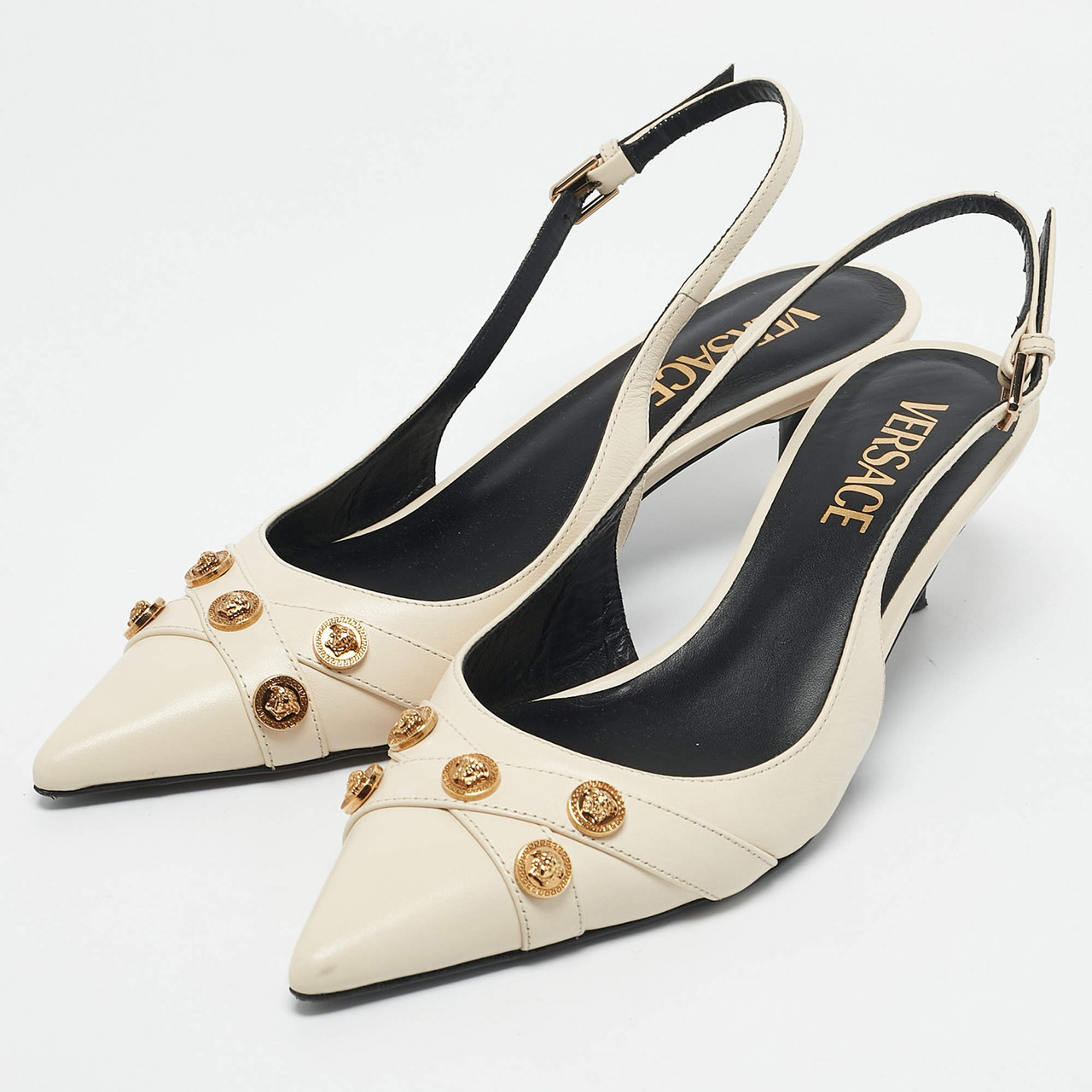 VERSACE Off White Leather Medusa Logo Pointed Toe Slingback