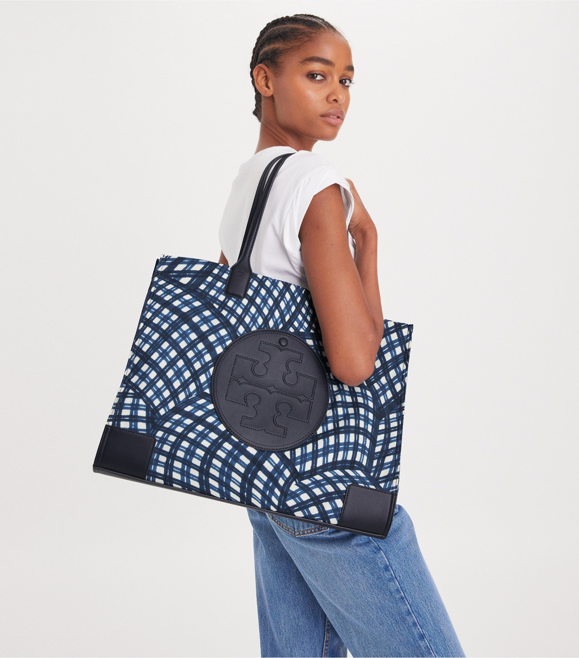 即発★TORY BURCH★ELLA PRINTED TOTE 145610_401 Navy Gingham TORY BURCH Ella Printed Tote - Navy Warped Gingham