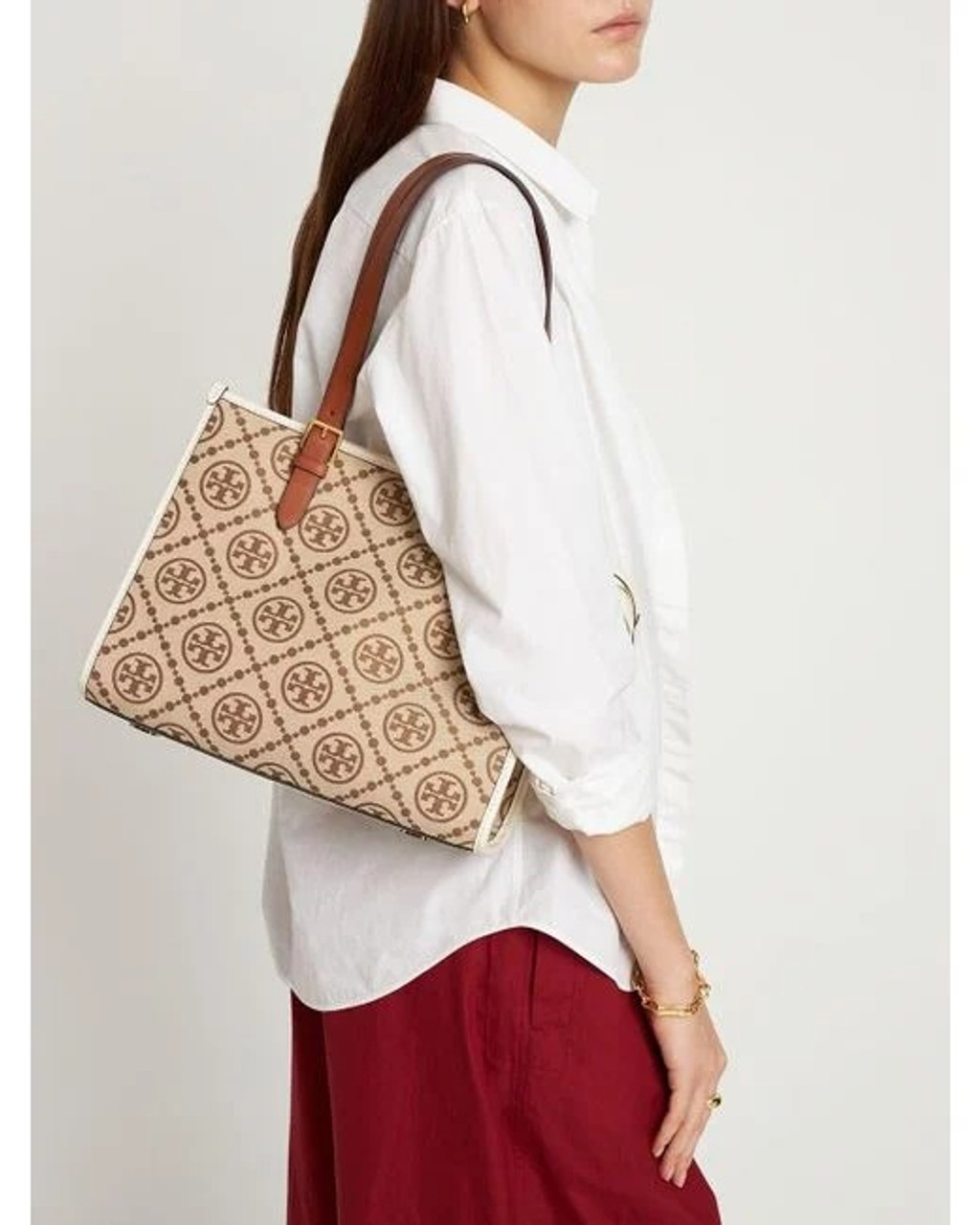 T Monogram Coated Canvas Small Tote Bag In White