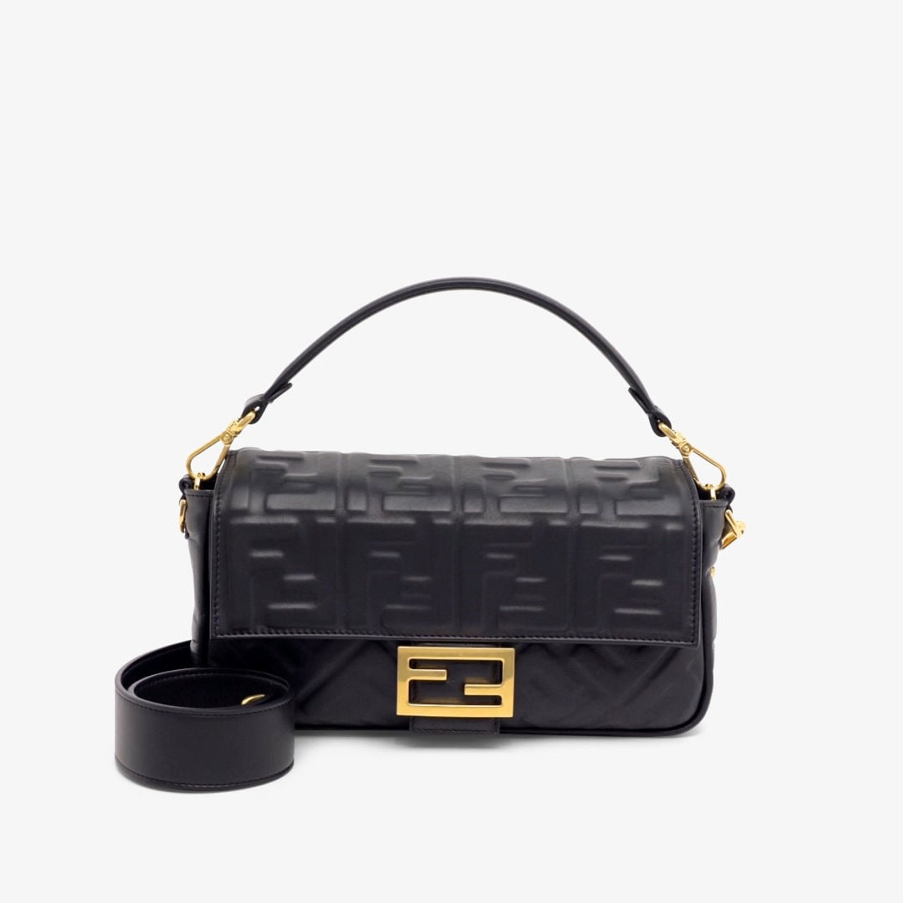 Fendi Black Baguette Chain Midi Leather Cross Body Bag