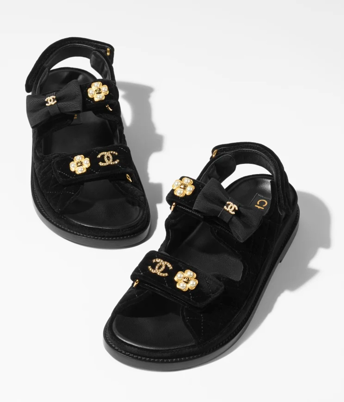 CHANEL Sandals Velvet Black Shoes