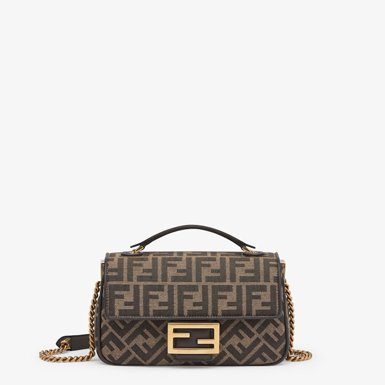 FENDI Baguette Pouch Brown jacquard FF fabric clutch with chain