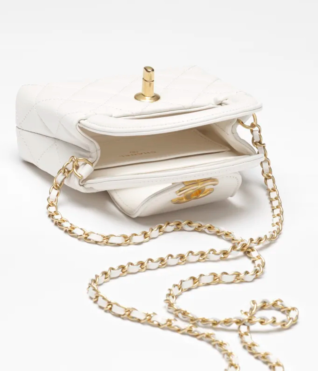 CHANEL Clutch With Chain Shiny Aged Calfskin & Gold Metal White