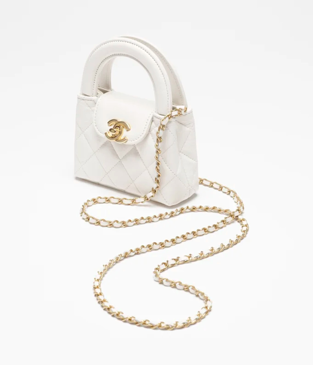 CHANEL Clutch With Chain Shiny Aged Calfskin & Gold Metal White