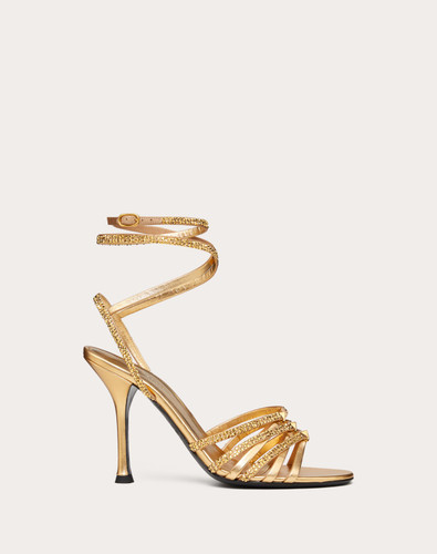 VALENTINO Rockstud Strappy Sandal In Metallic Nappa Leather With Crystals 100mm