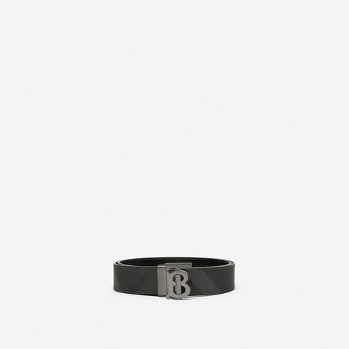 BURBERRY Check And Leather Reversible TB Belt - Charcoal Graphite