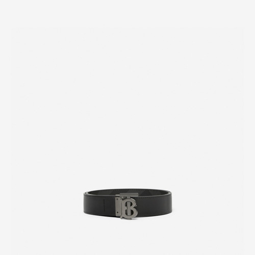 BURBERRY Check And Leather Reversible TB Belt - Charcoal Graphite